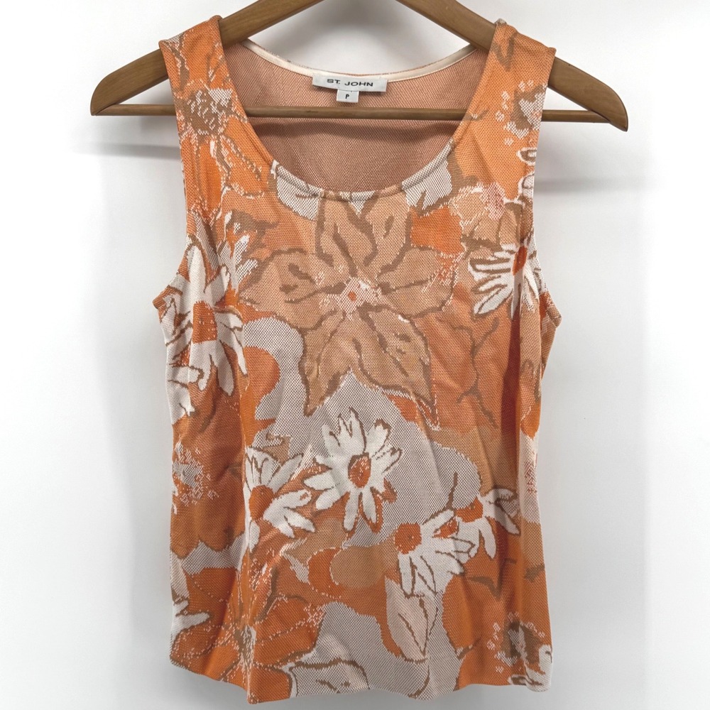 St John Womens Orange Floral Knit Tank Top Petite P Sleeveless Scoop Neck